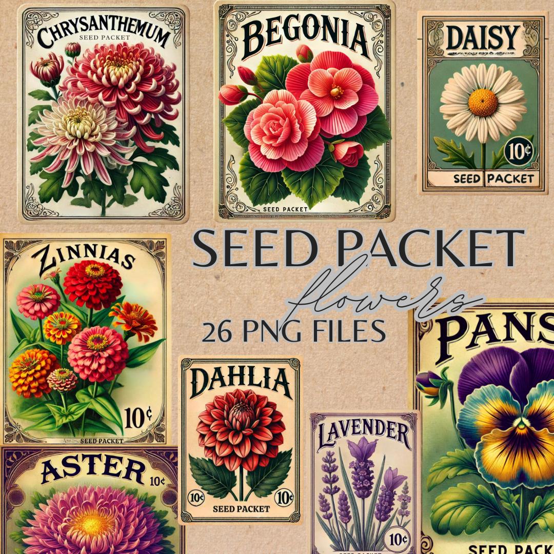 Vintage Flower & Garden Seed Packet Bundle, Printable Watercolor for ...