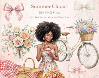 Coquette Black Girl Summer Clipart PNG Bundle, Melanin Afro Woman Watercolor Clipart, Feminine Summer Aesthetic 55+ Files