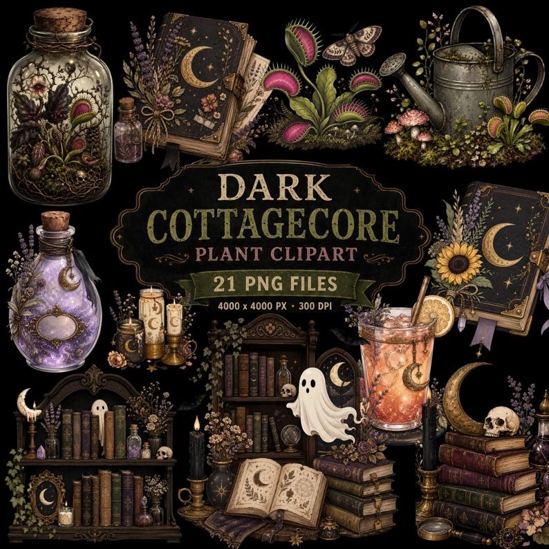 Dark Cottagecore Plant Clipart | Gothic Botanical PNG | Witchy Greenhouse Graphics