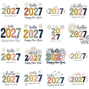 Può includere: Una collezione di sedici design grafici con il testo hello 2027 Happy New Year in vari caratteri e layout. I design incorporano numeri colorati, illustrazioni di fuochi d'artificio, stelle ed elementi botanici in una tavolozza dai toni tenui.