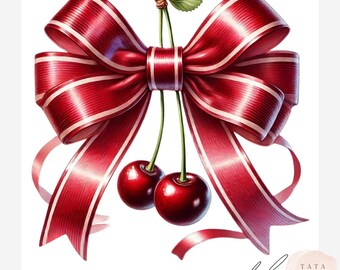 Cherry Coquette Bow Clipart | 13 Pink Ribbon JPEGs | Retro Girly Aesthetic, Cute Digital Bow Clip Art for Journals, Crafts & Stickers