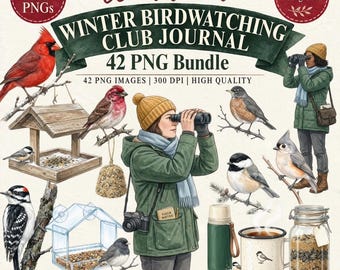 Watercolor Birds, Birdwatching Clipart, Nature Journal Graphics, Cardinal PNG, Bird Feeder Clipart, Junk Journal Birds
