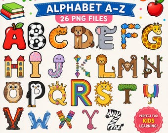 Kids Alphabet Clipart PNG A–Z – Cute ABC Letters for Learning, Preschool Alphabet, Educational Clipart, Classroom Decor, 26 PNG Files
