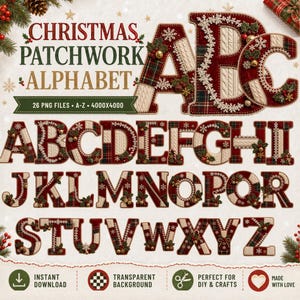 Könnte beinhalten: Ein digitales Weihnachts-Patchwork-Alphabet mit den Buchstaben A bis Z. Die Buchstaben sind in roten, grünen und weißen Mustern gestaltet. Das Bild enthält den Text "Christmas Patchwork Alphabet" und "Instant Download".