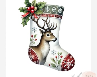 Watercolor Reindeer Stocking Clipart Bundle | Festive Deer Holiday Sock JPGs | Rustic Nordic Christmas Graphics | Sublimation & Card Print