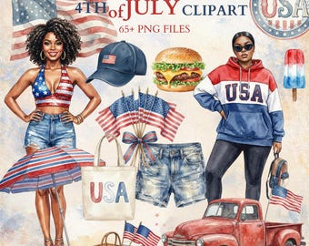 Patriotic Watercolor Clipart Bundle, Black Woman 4th of July PNG, USA Summer Graphics, Afro Girl Independence Day Set