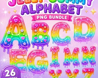 Jelly Gummy Alphabet PNG, Rainbow Drip Letters A-Z, Kawaii Candy Clipart, Glitter Hearts Alphabet