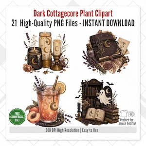 May include: A digital collection of 21 Dark Cottagecore Plant Clipart PNG files featuring illustrations of candles with moon motifs, a leather-bound book with a key, a peach-infused beverage with lavender, and a ghost near a bookshelf with books.