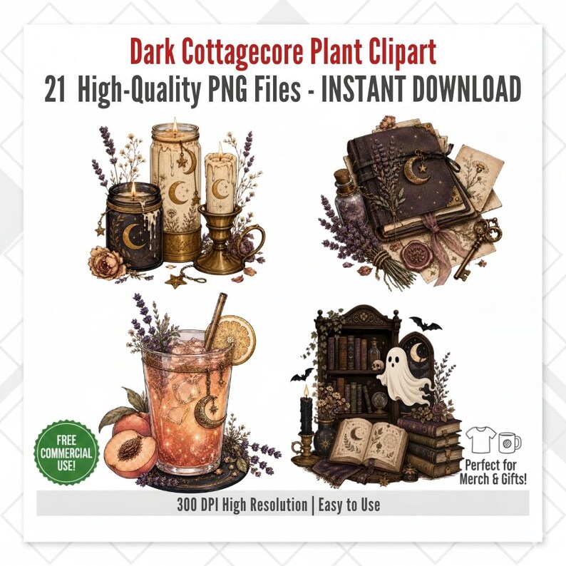 May include: A digital collection of 21 Dark Cottagecore Plant Clipart PNG files featuring illustrations of candles with moon motifs, a leather-bound book with a key, a peach-infused beverage with lavender, and a ghost near a bookshelf with books.