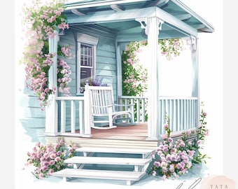 Imágenes prediseñadas de porche de primavera / 10 imágenes JPEG de porche delantero de cabaña en acuarela / Imágenes prediseñadas digitales de primavera / Imprimible de una acogedora casa de campo / Descarga instantánea