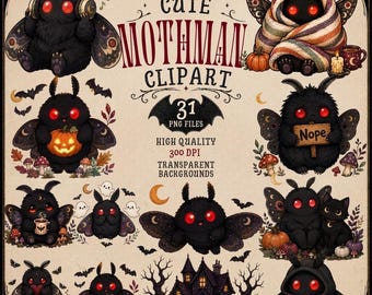Cute Mothman Clipart Bundle | 31 Halloween Cryptid PNGs | Kawaii Mothman Clipart | Spooky Cute Gothic Halloween PNG