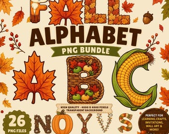 Fall Alphabet PNG, Autumn Letters A-Z, Thanksgiving Alphabet Clipart, Fall Letters, Pumpkin Alphabet, Sublimation Design, Classroom Decor
