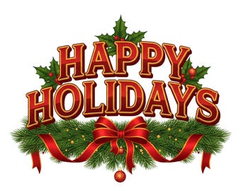 Happy Holidays PNG | Classic Christmas Sublimation Design | Red Gold Festive Clipart | Garland & Bow Holiday Art | Instant Digital Download