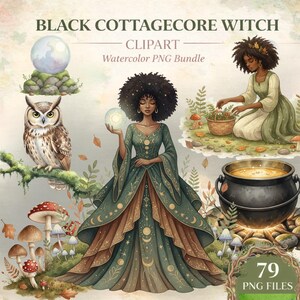 May include: Watercolor clipart bundle featuring a black witch in a green dress, an owl, mushrooms, and a cauldron. The text reads "Black Cottagecore Witch Clipart - Watercolor PNG Bundle" with 79 PNG files.