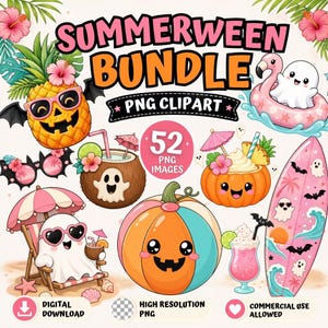 May include: A Summerween Bundle digital clipart set featuring 52 PNG images of cute ghosts, pineapples, pumpkins, surfboards, and tropical drinks with pink and orange accents. The text reads Summerween Bundle PNG Clipart, 52 PNG Images, Digital Download, High Resolution PNG, and Commercial Use Allowed.
