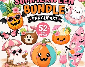 May include: A Summerween Bundle digital clipart set featuring 52 PNG images of cute ghosts, pineapples, pumpkins, surfboards, and tropical drinks with pink and orange accents. The text reads Summerween Bundle PNG Clipart, 52 PNG Images, Digital Download, High Resolution PNG, and Commercial Use Allowed.