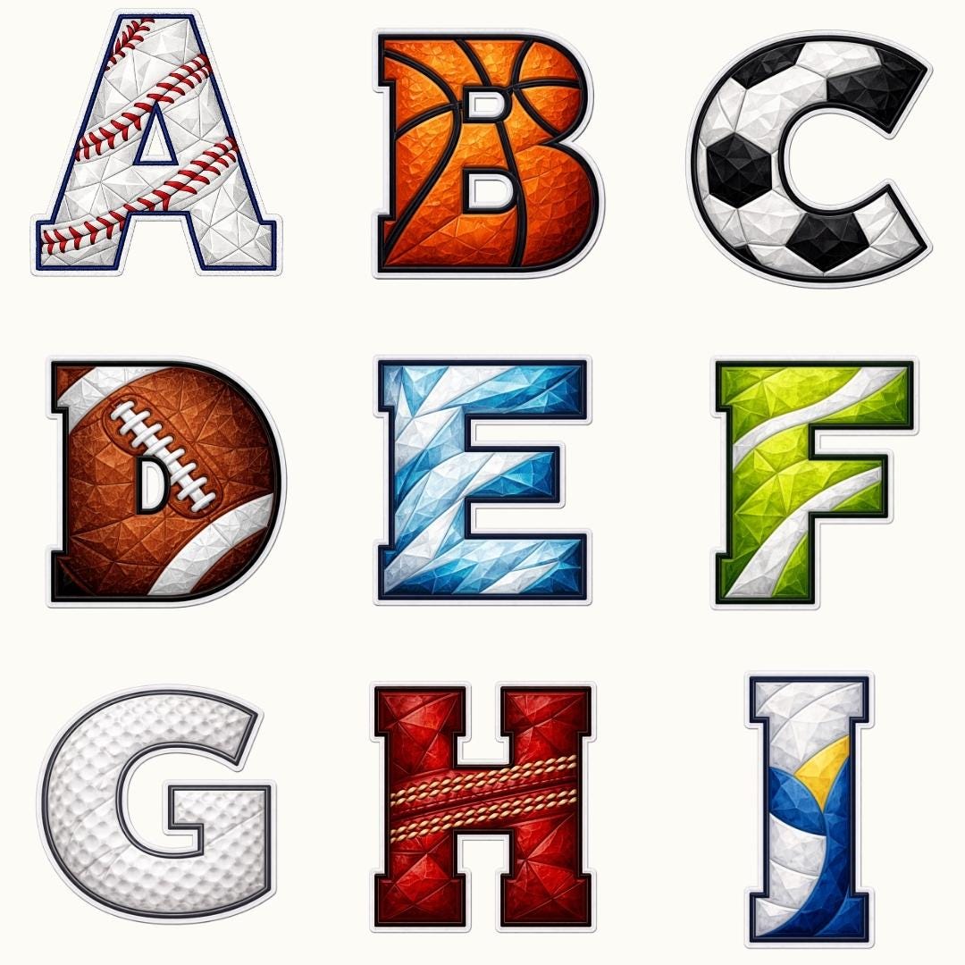 Sports Alphabet Clipart PNG Bundle, Athletic Letters A-Z, Sports Font ...