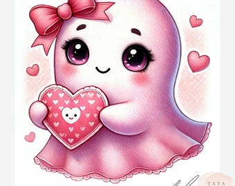 Cute Pink Valentine's Ghost Clipart | Spooky Love Holiday Graphics JPGs | Pastel Goth Valentines Sublimation | Retro Ghost with Hearts Art