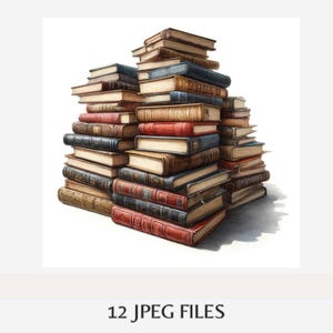 Vintage Stack of Books Clipart | 12 JPEG Files | Watercolor Book Stack ...