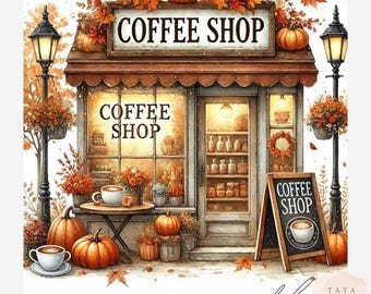 Autumn Coffee Shop Clipart Bundle, Fall Cafe Watercolor JPEG Set, Cozy Coffeehouse Graphics for Scrapbooking & Sublimation