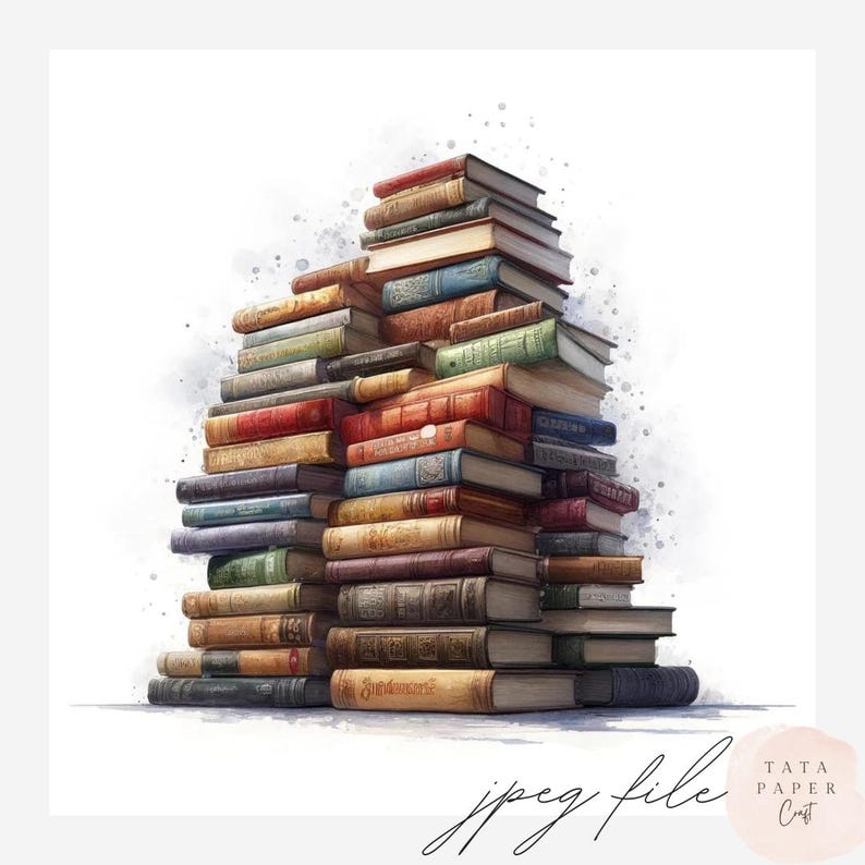 Vintage Stack of Books Clipart | 12 JPEG Files | Watercolor Book Stack ...