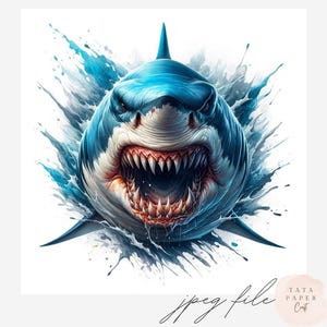May include: A digital illustration of a great white shark with an open mouth, revealing rows of sharp teeth. The shark is primarily blue and white, with red accents in the mouth. Water splashes surround the shark, creating a dynamic effect.