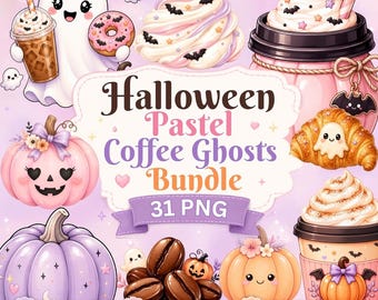 Halloween Coffee Ghost PNG Bundle | Pastel Halloween Clipart | Cute Spooky Coffee PNG | Ghost Cafe Sublimation Designs | 31 PNG