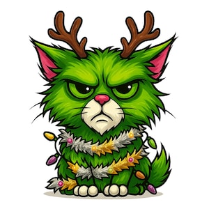 Puede incluir: Ilustración de un gato verde gruñón con cuernos marrones y una nariz rosa. El gato está decorado con una guirnalda de luces y está sentado. El gato tiene una expresión enfadada y es un diseño temático navideño.