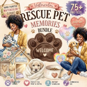 May include: A digital graphic bundle titled Rescue Pet Memories featuring watercolour illustrations of two people with pets, a dog house, a paw print sign with the word Welcome, a food bowl, and heart-shaped balloons with paw prints and text.