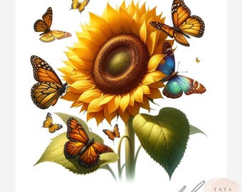 Sunflower with Butterflies Clipart Bundle | Watercolor Summer Floral Graphics JPGs | Bumblebee Yellow Sublimation Art | Boho Nature Digital