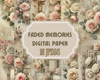 Vintage Floral Digital Paper | 16 JPEGs | Faded Memories Roses & Lace Scrapbook Backgrounds | Antique Journal Pages for Printing