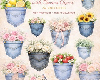 Denim Pockets with Flowers Clipart, Jeans Floral PNG Bundle, Rustic Pocket Design Clipart Set, 34 Files