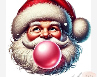 Retro Santa Face Blowing Bubble Gum Clipart | 12 JPEG Files | Funny Christmas Sublimation | Vintage Santa Head Stickers, Cards