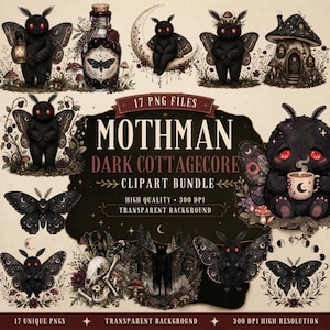 Op de afbeelding: Een digitaal clipart-pakket met 17 PNG-bestanden van zwarte, motachtige wezens met rode ogen, paddenstoelen, een toverdrankfles, een maansikkel, een schedel en een klein huis, met de tekst MOTHMAN DARK COTTAGECORE CLIPART BUNDLE.