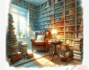 May include: Watercolor illustration of a cozy library filled with bookshelves, stacks of books, and a leather armchair. A small table with a lamp and a cup of tea sits nearby. The room is bathed in warm sunlight.