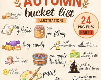 Autumn Bucket List Clipart PNG, Fall Illustrations Set, Cozy Seasonal Icons Bundle, 24 PNG Files Part 1