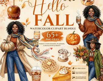 Hello Fall Watercolor Clipart Bundle, African American Woman Autumn PNG, Cozy Fall Aesthetic, 65+ PNG Files