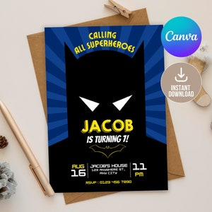 Editable Bat Birthday Invitation Template, Editable Superhero Birthday Invitation Digital,Printable Bat Boy Birthday Party Invitation
