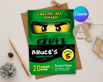 Editable Ninja Go Invitation Digital,Printable Green Ninja Birthday Party Invitation,Editable in Printable Download,Boy birthday,Green Ninja