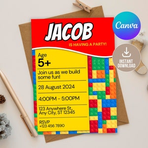 Editable Building Blocks Birthday Invitation Digital,Printable Birthday Invitation,Building Bricks Kids Birthday Party Invite, Kid birthday