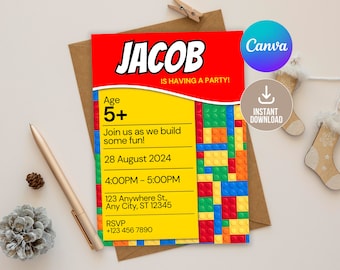 Editable Building Blocks Birthday Invitation Digital,Printable Birthday Invitation,Building Bricks Kids Birthday Party Invite, Kid birthday