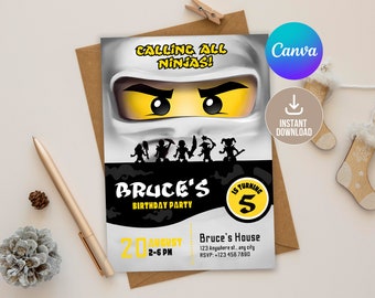 Editable Ninja Go Invitation Digital,Printable White Ninja Birthday Party Invitation,Editable in Printable Download,Boy birthday,White Ninja