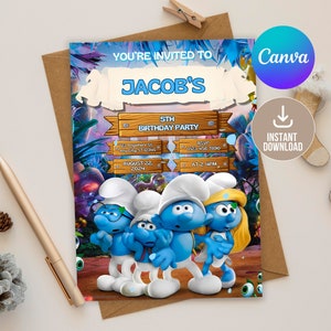 Bearbeitbare Smurf-Geburtstags-Einladung Digital, druckbare Smurf-Geburtstagsfeier-Einladung, Schlumpf-Partyeinladung, Schlumpf-Mädchen- & Jungen-Partykarte