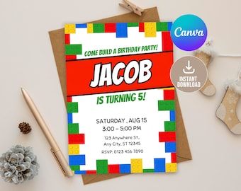 Editable Building Blocks Birthday Invitation Digital,Printable Birthday Invitation,Building Bricks Kids Birthday Party Invite, Kid birthday