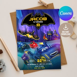 Modello modificabile dell'invito dell'auto del pipistrello, invito di compleanno del supereroe modificabile digitale, invito alla festa di compleanno del pipistrello stampabile, compleanno del bambino