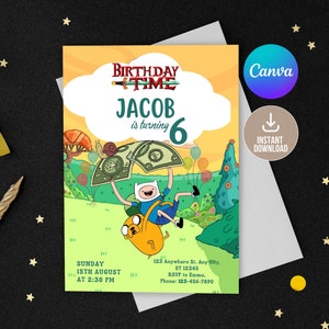 May include: A birthday invitation featuring cartoon characters Finn and Jake from the Adventure Time television show. The invitation is for Jacob's 6th birthday party and includes the text "Birthday Time" and "Jacob is turning 6".