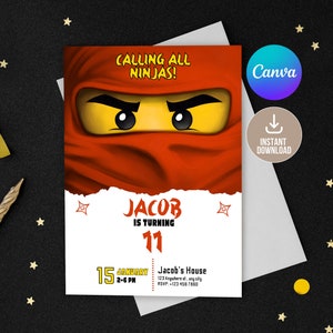 May include: A white and red birthday invitation featuring a Lego ninja character wearing a red bandana. The invitation reads "Calling all ninjas!" and "Jacob is turning 11".