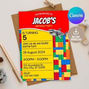 Editable Building Bricks Birthday Invitation Digital,Printable Birthday Invitation,Building Bricks Kids Birthday Party Invite, Kid birthday