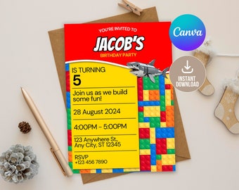 May include: A yellow and red birthday party invitation for a boy turning 5. The invitation features a Lego-themed design with a shark and the text "Jacob's Birthday Party".