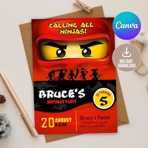 May include: A red and black birthday invitation for a child turning five. The invitation features a Lego ninja character with the text "Calling all ninjas!" and "Bruce's Birthday Party". The invitation also includes the date and time of the party, the location, and an RSVP number.